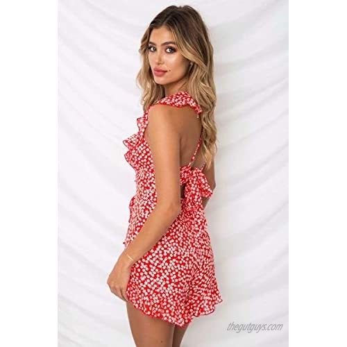 Women's Summer Casual Floral Ruffle Backless Beach Romper Shorts Jumpsuit