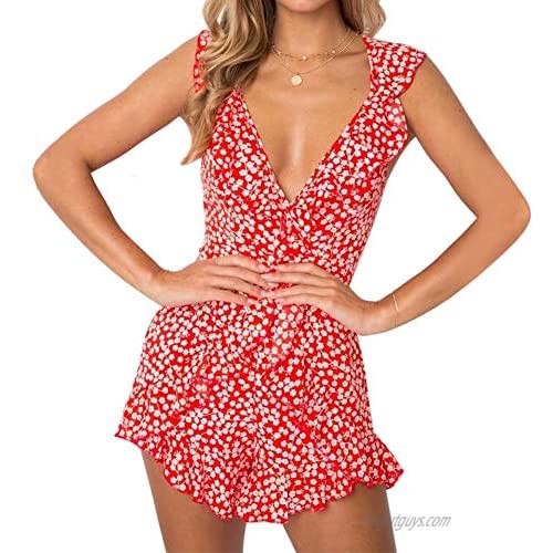 Women's Summer Casual Floral Ruffle Backless Beach Romper Shorts Jumpsuit