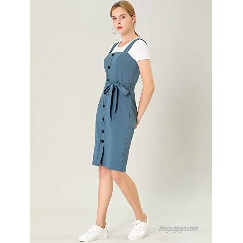 Allegra K Women's Pinafore Button Decor Strap Sheath Stretchy Jumper Suspender Overall Dress