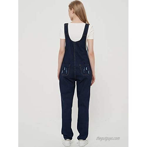 Anna-Kaci Womens Distressed Denim Light Overalls with Tapered Leg and Pockets