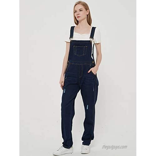 Anna-Kaci Womens Distressed Denim Light Overalls with Tapered Leg and Pockets