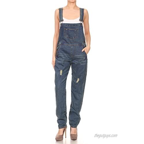 Anna-Kaci Womens Distressed Denim Overalls with Tapered Leg and Pockets