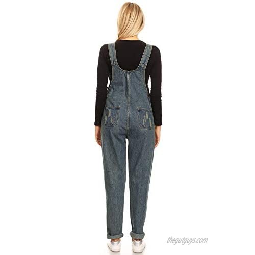 Anna-Kaci Womens Vintage Distressed Denim Skinny Jean Adjustable Strap Overalls