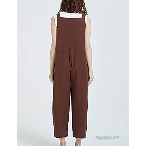 Bankeng Women's Loose Cotton Linen Bib Casual Overalls Jumpsuits with Pocket