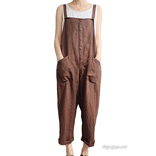 Bankeng Women's Loose Cotton Linen Bib Casual Overalls Jumpsuits with Pocket
