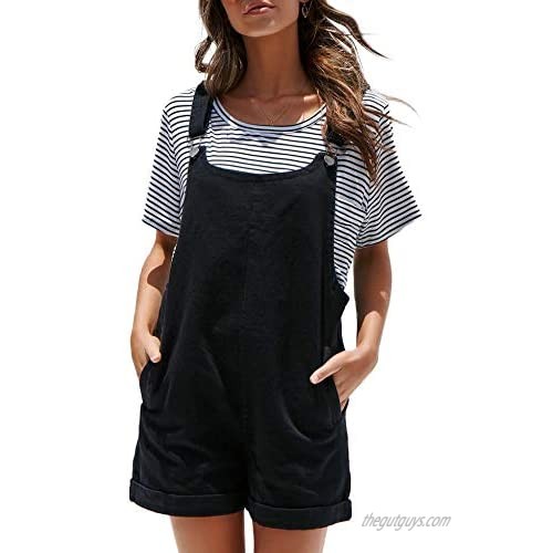 Bonkwa Women's Solid Adjustable Shoulder Strap Shorts Rompers Denim Overall Roll Cuff Shortalls Baggy Jumpsuit with Pockets