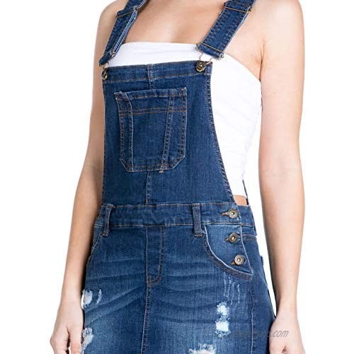 Design by Olivia Women's Distressed Denim Short Overall Skirt with Detachable Straps