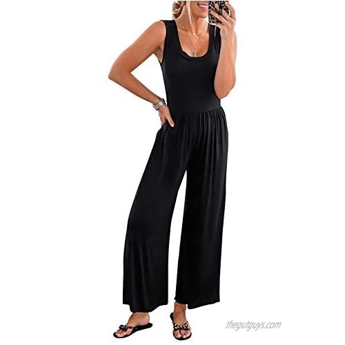 Ecrocoo Womens Jumpsuits Spaghetti Strap Bodycon Tank One Piece Crew Neck Rompers Playsuit with Pockets