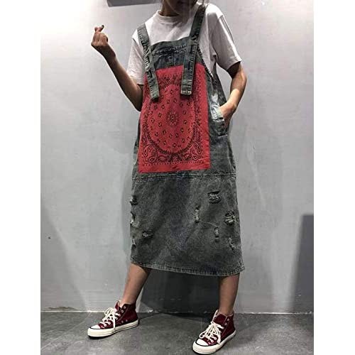 Flygo Women's Loose Baggy Midi Length Denim Jeans Jumpers Overall Pinafore Dress Skirt