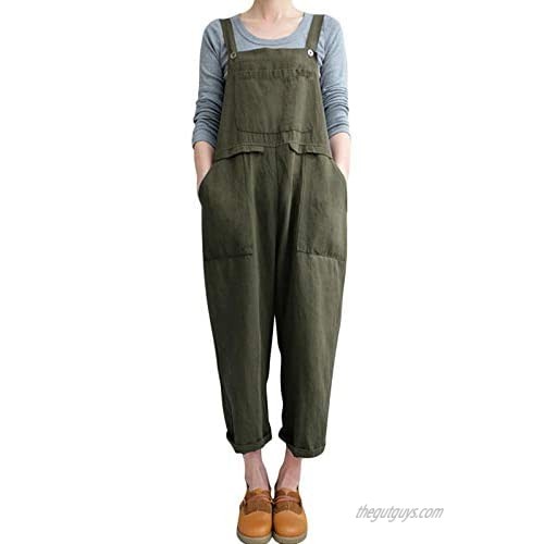 Flygo Women's Loose Baggy Wide Leg Cotton Linen Overalls Jumpsuit Harem Pants