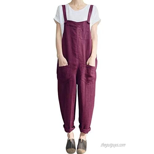 Gihuo Women's Casual Baggy Loose Cotton Linen Overalls Jumpsuit