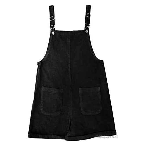 Himosyber Women's Casual Solid Corduroy Adjustable Strap Short Overalls Pants（Black-L）