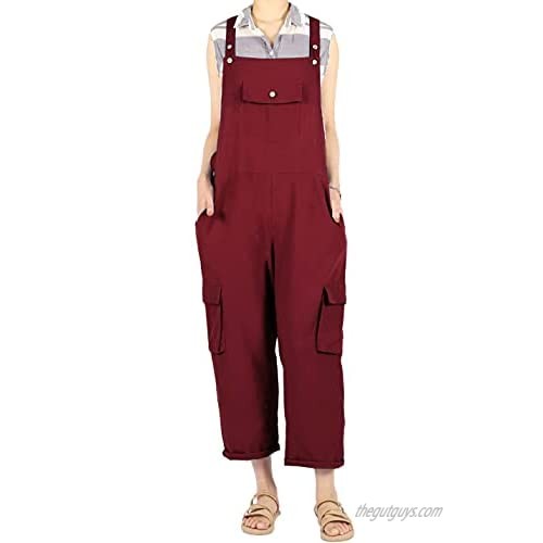Himosyber Women's Solid Button Adjustable Bib Overalls Rompers with Cargo Pockets（WineRed-M）