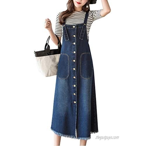 Hixiaohe Women Button Front Denim Suspender Dress Adjustable Strap A Line Overall Dress