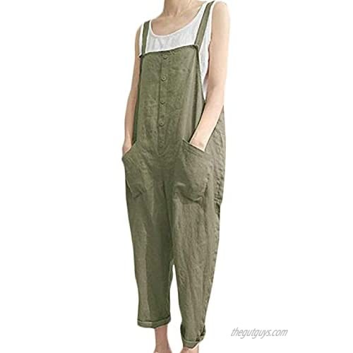 Hongsui Women's Summer Loose Cotton Linen Bib Overalls Jumpsuits