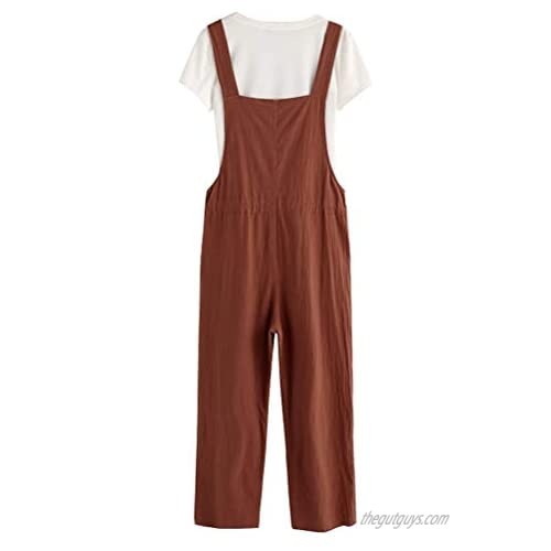 IDEALSANXUN Cotton Linen Overalls for Womens Casual Loose Fit Jumpsuits Bib Pants with Pockets