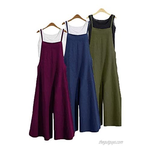 Lghxlxry Women's Casual Plus Size Wide Leg Baggy Suspenders Cotton Linen Overalls Jumpsuit with Pockets