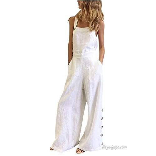 MAGIMODAC Cotton Linen Overalls Jumpsuit Summer Wide Leg High Waisted with Pockets for Women