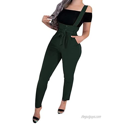 Overalls Pants for Womens Button Closure High Waist Straight Leg Jumpsuits Suspender Trousers