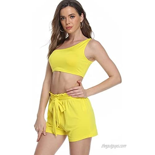 PEIQI Women's Two Piece Outfit Summer One Shlouder Crop Top with Shorts Set