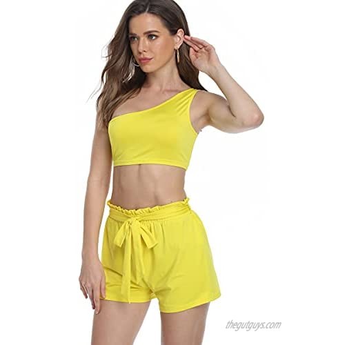PEIQI Women's Two Piece Outfit Summer One Shlouder Crop Top with Shorts Set