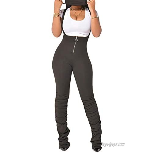 qfmqkpi Women Plain Suspender Overalls Sleeveless High Waisted Zipper Stacked Pants Skinny Daily Casual
