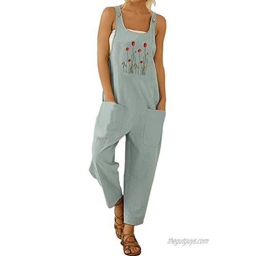 Qiaomai Womens Casual Baggy Floral Embroidery Suspender Pocketed Linen Overalls Jumpsuits（Lightblue-L）