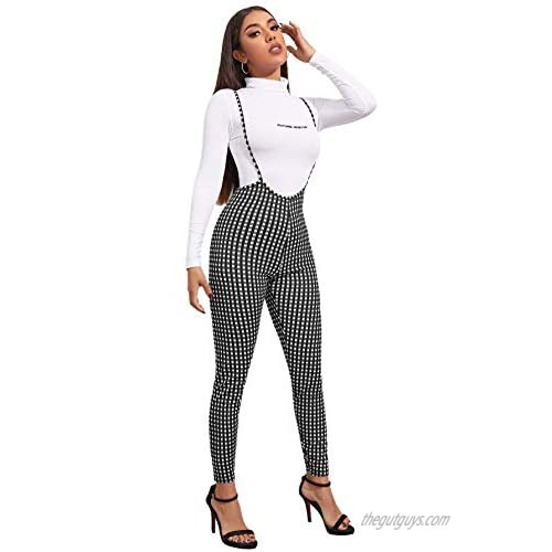 Romwe Women's Casual Plaid Skinny Pants Suspender Jumpsuits Overalls