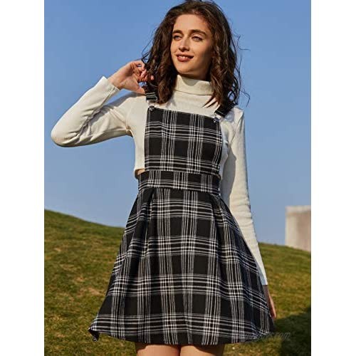 Romwe Women's Plaid A Line Strap Pleated Mini Overall Pinafore Dress