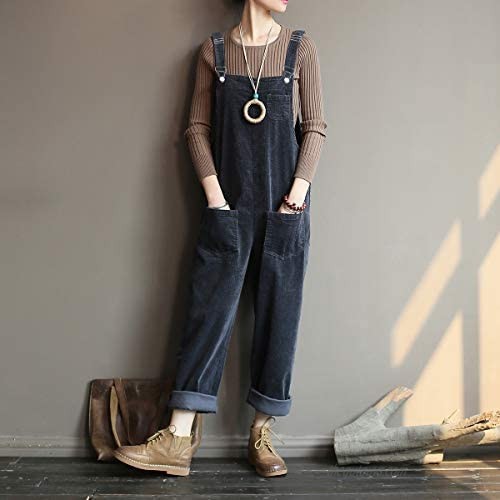 Tanming Womens Casual Corduroy Adjustable Straps Pockets Bib Overalls Jumpsuits Pants