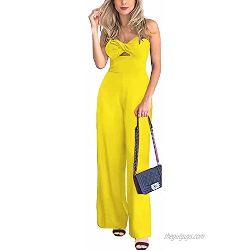 ThusFar Women's Sleeveless Spaghetti Strap Cut Out Twist Knotted Criss Cross Bandage Wide Legs Pants Jumpsuits Rompers