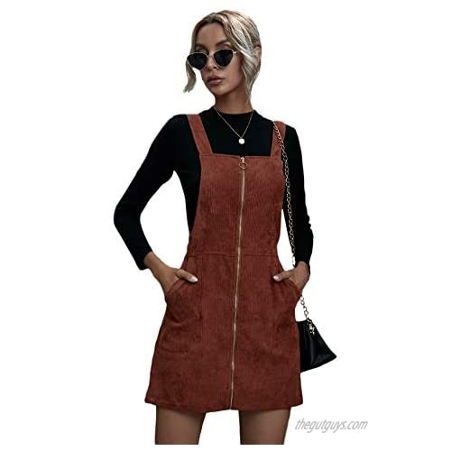 Verdusa Women's Zip Up Pocketed A Line Pinafore Corduroy Overall Dress