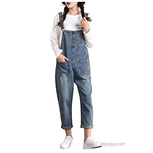 Vsaiddt Women's Casual Blue Jean Overalls Loose Denim Bib Overalls with Adjustable Straps