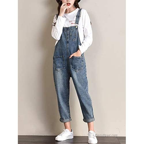Vsaiddt Women's Casual Blue Jean Overalls Loose Denim Bib Overalls with Adjustable Straps