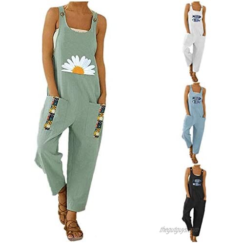 Women's Casual Overalls Wide Leg Suspender Trousers Fish Printing Loose Jumpsuit with Two Pockets Harem Pants
