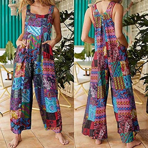 Womens Harem Jumpsuit Summer Casual Loose Boho Floral Doodle Pants One Piece Overalls Rompers with Pockets