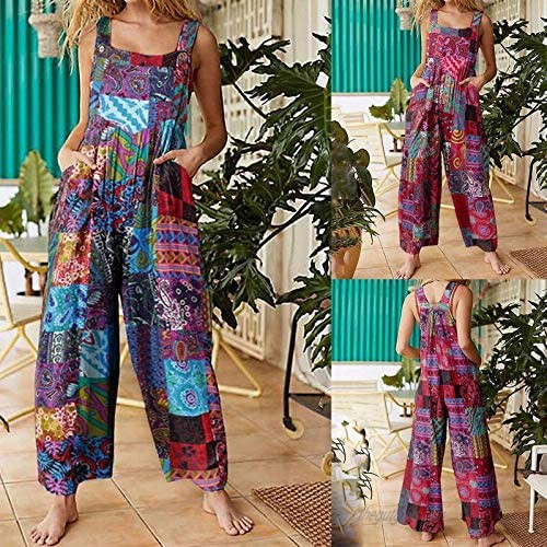 Womens Harem Jumpsuit Summer Casual Loose Boho Floral Doodle Pants One Piece Overalls Rompers with Pockets