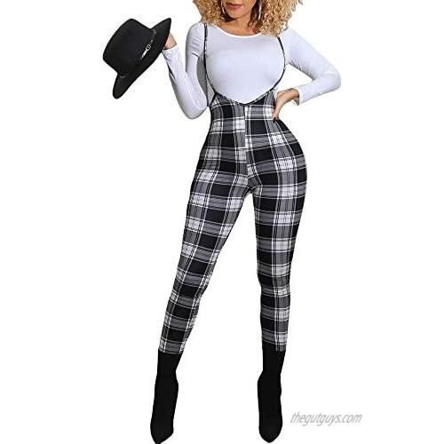 Womens Sleeveless High Waisted Plaid Pencil Pants Suspender Jumpsuits Overalls Trousers