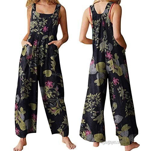 Women's Sleeveless Wide Leg Suspender Jumpsuit Summer Boho Overalls Casual Loose Romper Trousers Pants with Pockets