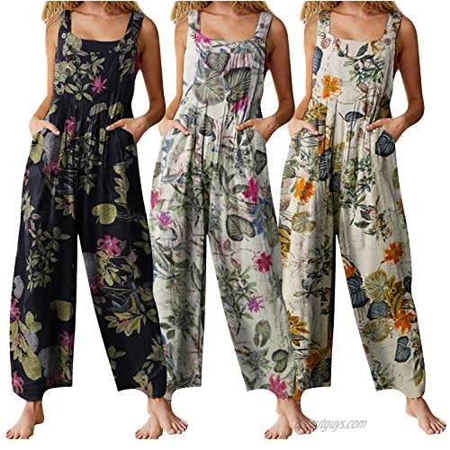 Women's Sleeveless Wide Leg Suspender Jumpsuit Summer Boho Overalls Casual Loose Romper Trousers Pants with Pockets