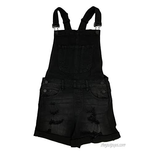 Women’s Summer Cute Denim Romper Overall Shorts – Destroy Wash Cuffed Hem Bib Shortalls CTB582LS Black L