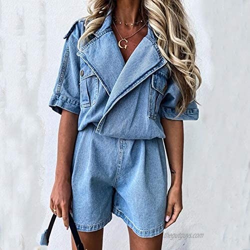 YEMOCILE Denim Overalls for Women Rompers Jumpsuits Solid Wide Leg Short Romper with Pockets