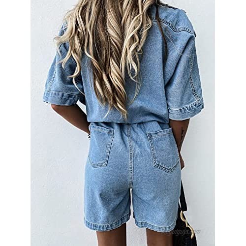 YEMOCILE Denim Overalls for Women Rompers Jumpsuits Solid Wide Leg Short Romper with Pockets