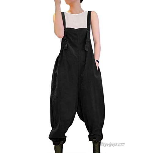 YESNO Women Casual Loose Bib Pants Overalls Baggy Cotton Harem Jumpsuits Rompers with Pockets PV2