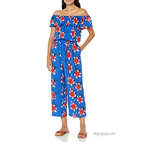 28 Palms Women's Off Shoulder Tropical Hawaiian Print Crop Jumpsuit