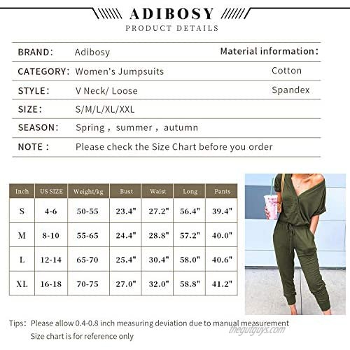 Adibosy Women's V Neck Jumpsuits Short Sleeve Loose Jumpsuit Elastic Waist Romper Summer Rompers for Women