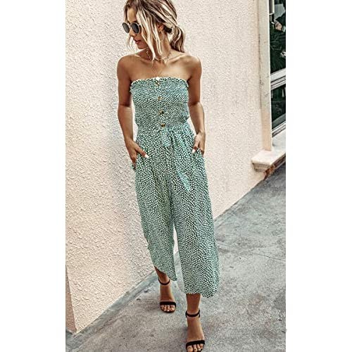 Angashion Women’s Jumpsuit-Casual Off Shoulder Sleeveless Ruffle Button Belt Wide Leg Jumpsuits Romper with Pockets