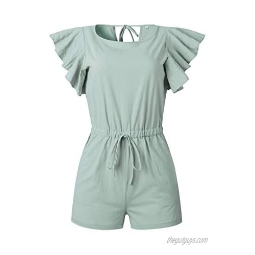 Angashion Women's Loose Casual Ruffle Cap Sleeve Short Jumpsuits Hollow Back Romper with Belt