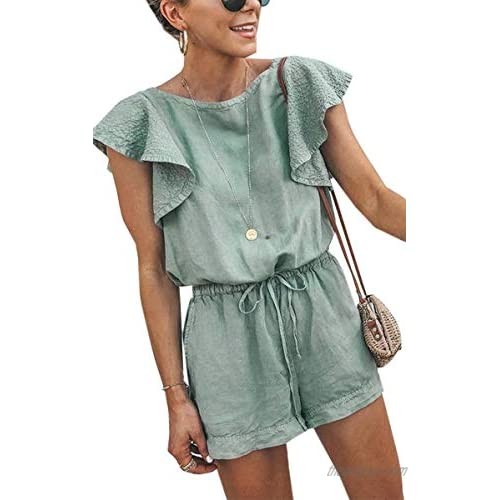 Angashion Women's Loose Casual Ruffle Cap Sleeve Short Jumpsuits Hollow Back Romper with Belt