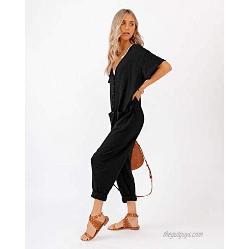 Aoysky Women's One Piece Button Up Jumpsuit Casual Loose Short Sleeve V Neck Onesies Rompers with Pockets